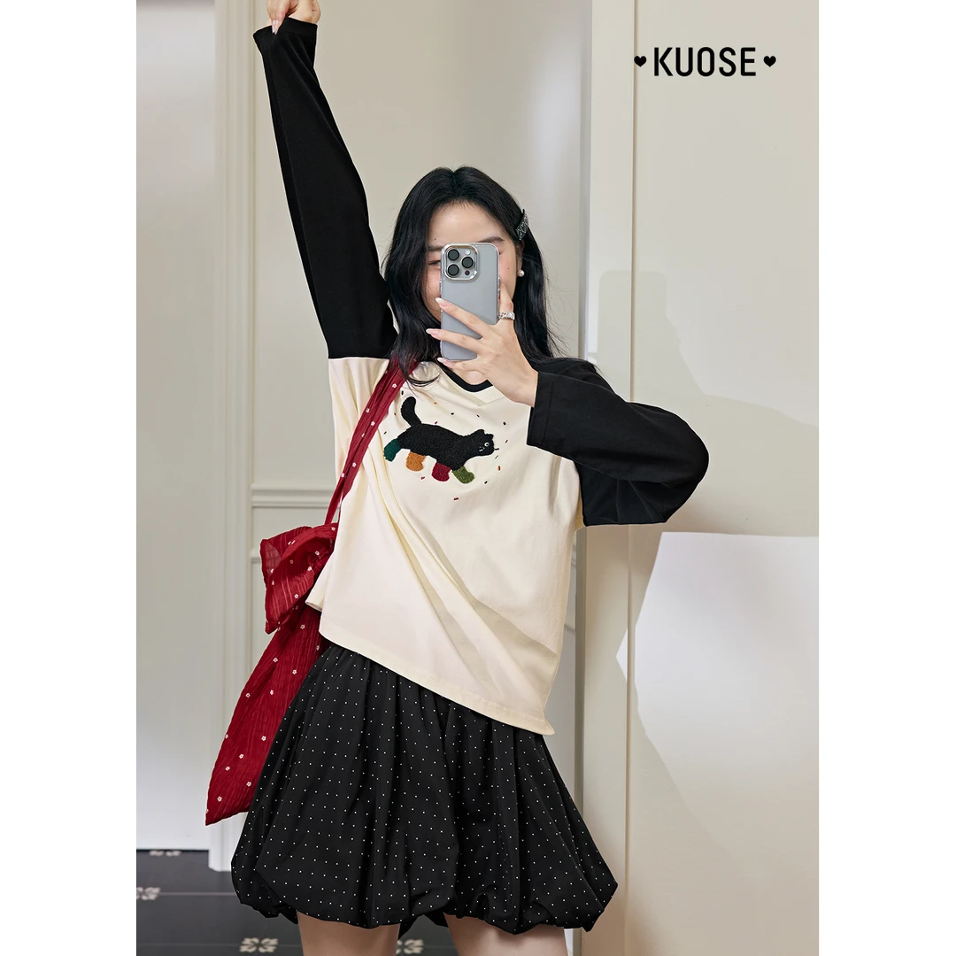 阔色立体小猫刺绣长袖T恤女2025春季新款打底衫上衣KSD2412007