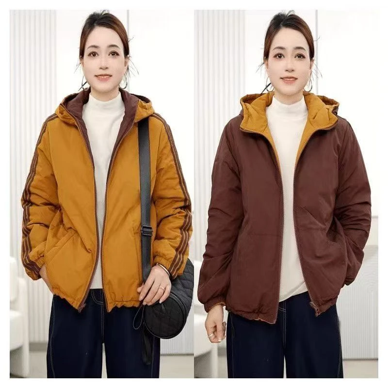 2025年秋冬棉服女两面穿连帽宽松休闲韩版学院风棉衣加厚保暖棉衣
