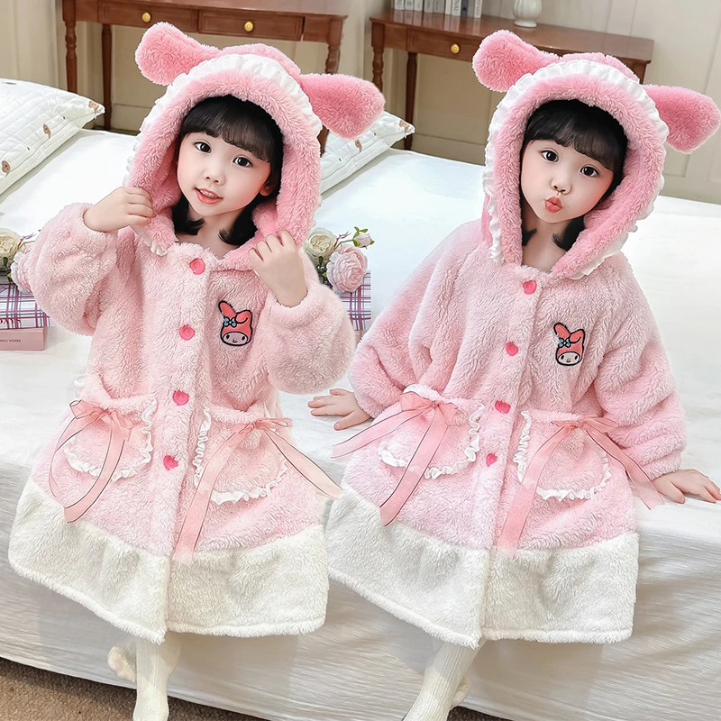 春秋季新款韩版女童中小童保暖家居服女小孩可爱卡通中长款睡衣