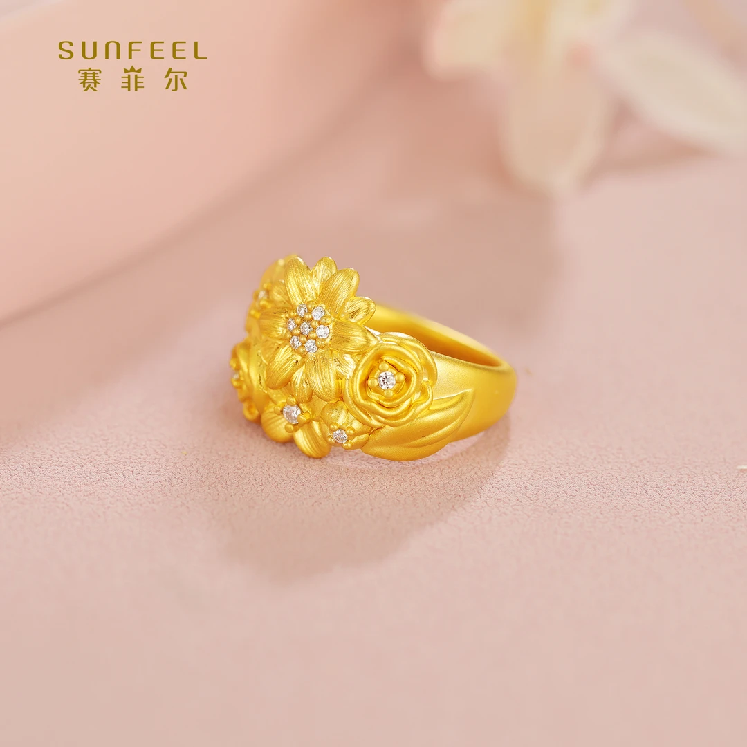 SUNFEEL/赛菲尔【一店】足金艺术繁花镶石圈戒5DJ00219