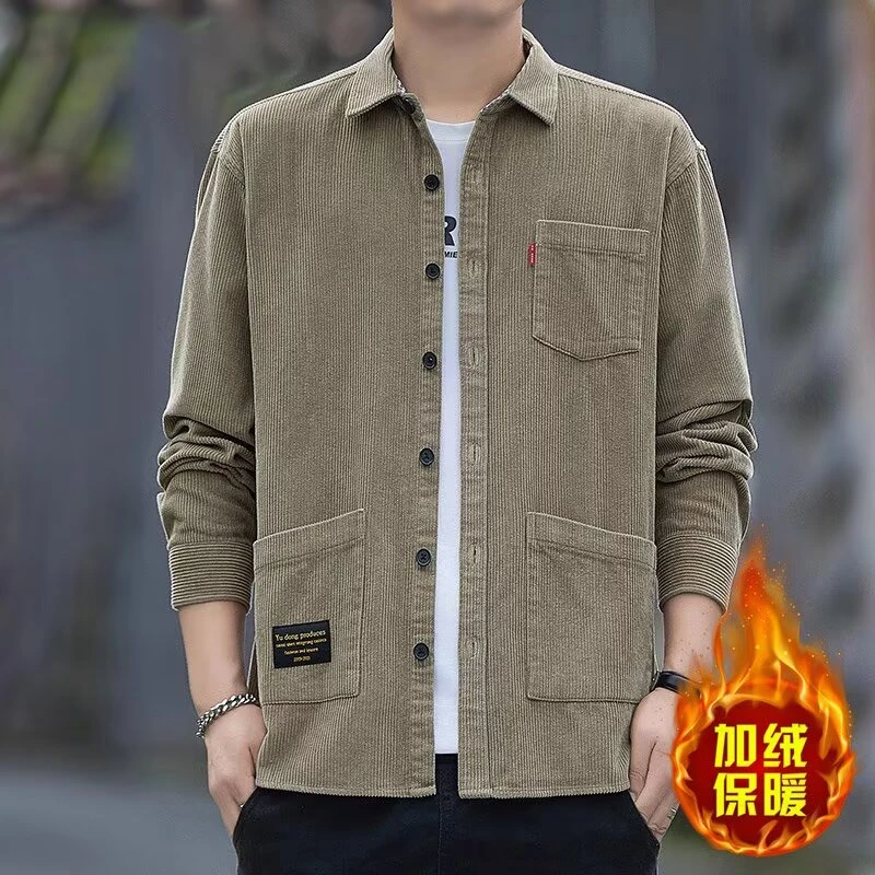 2025新款男款长袖休闲潮流上衣秋冬衬衫灯芯绒保暖加绒加厚衬衣