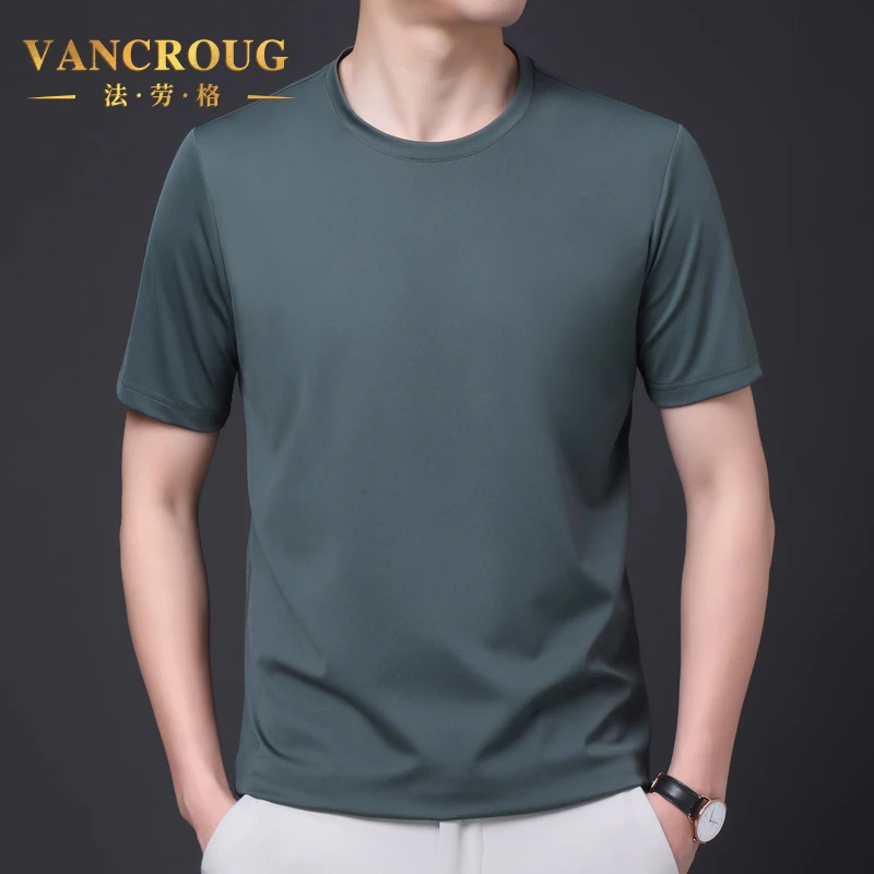 VANCROUG/法劳格短袖T恤男士夏季新款时尚潮流纯色桑蚕丝透气上衣