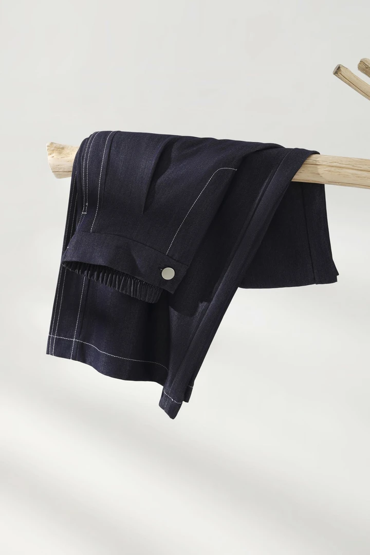 弹力高腰休闲裤丹宁蓝窄版直筒裤25219