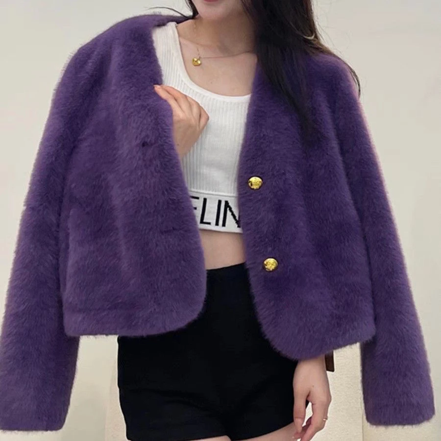 秋冬时尚小香风V领皮草短款毛毛外套