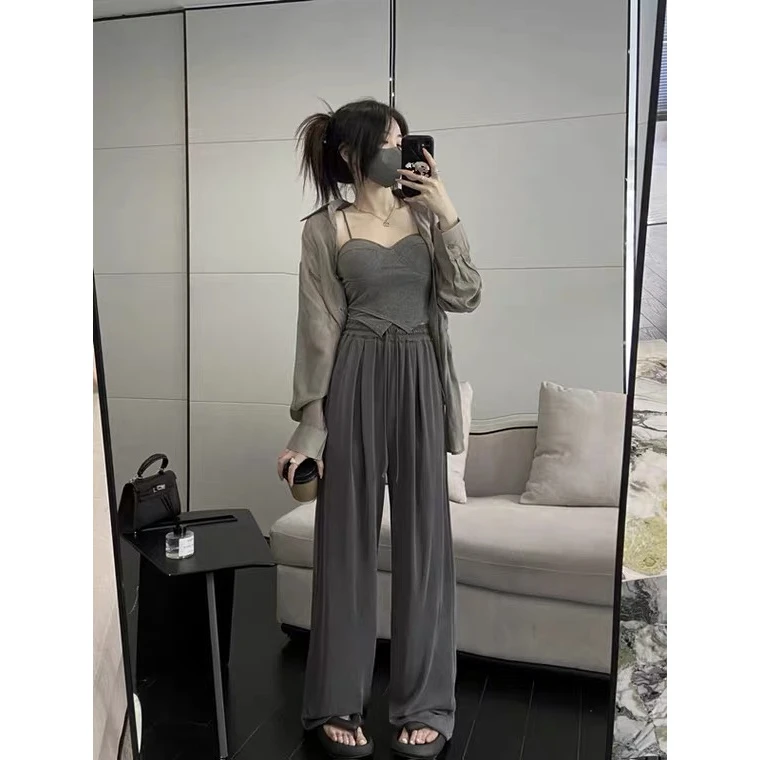 【朵拉】大码可盐可甜酷盐系穿搭网红炸街法式甜辣开衫阔腿裤三件套