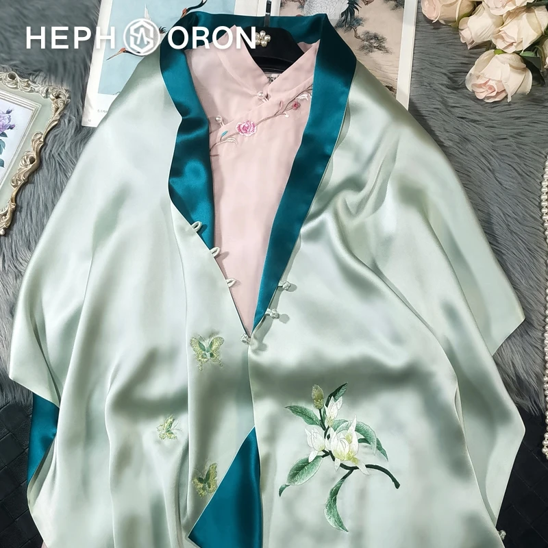 HEPHSORON苏绣丝巾礼盒送妈妈绿色兰花刺绣披肩桑蚕丝真丝围巾