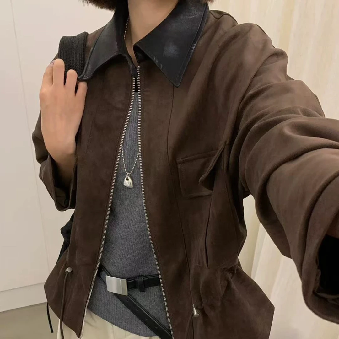 ［现货十运险］F A10款麂皮绒拼水洗皮小翻领外套女士复古设计师款