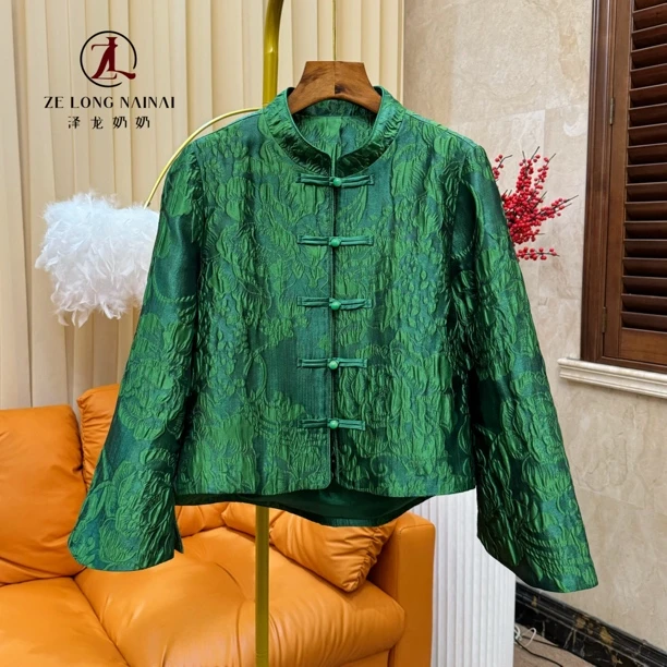 525 新中式立领浮雕工艺提花长袖绿色短外套