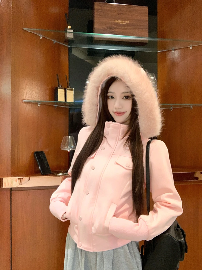 收腰复古外套毛领连帽卫衣上衣加绒