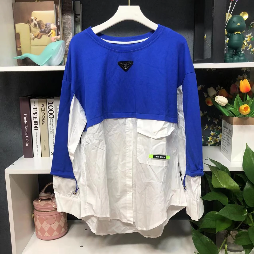E1024时尚圆领蓝色拼接上衣长袖T