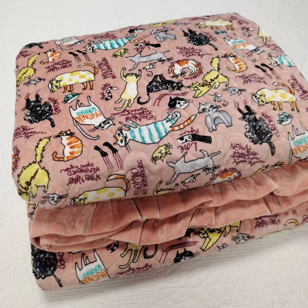 49181 云丝绒两色小猫床盖200×230 面料：正面云丝绒反面棉，可水洗