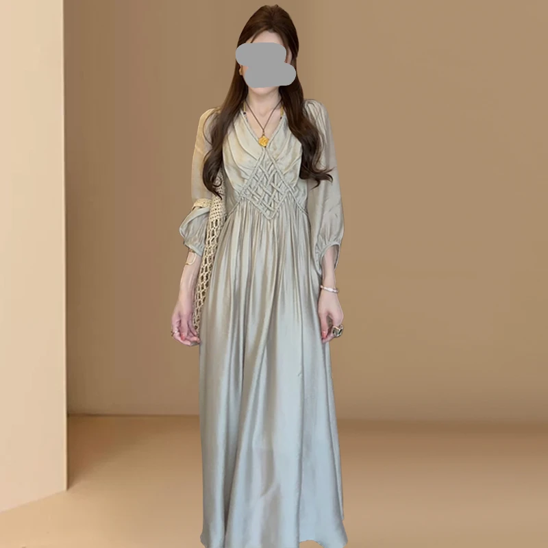 法式温柔风麻花拼接v领连衣裙女2025夏季气质宽松显瘦过膝长裙