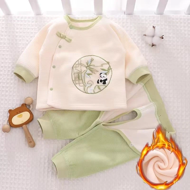 婴儿冬季保暖内衣套装分体加绒加厚春秋男女宝宝国风开裆保暖套装