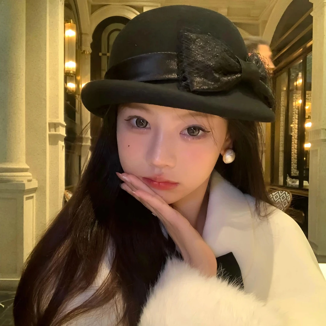 新款100%纯羊毛千金感礼帽蝴蝶结网纱女高端秋冬法式盆帽渔夫帽