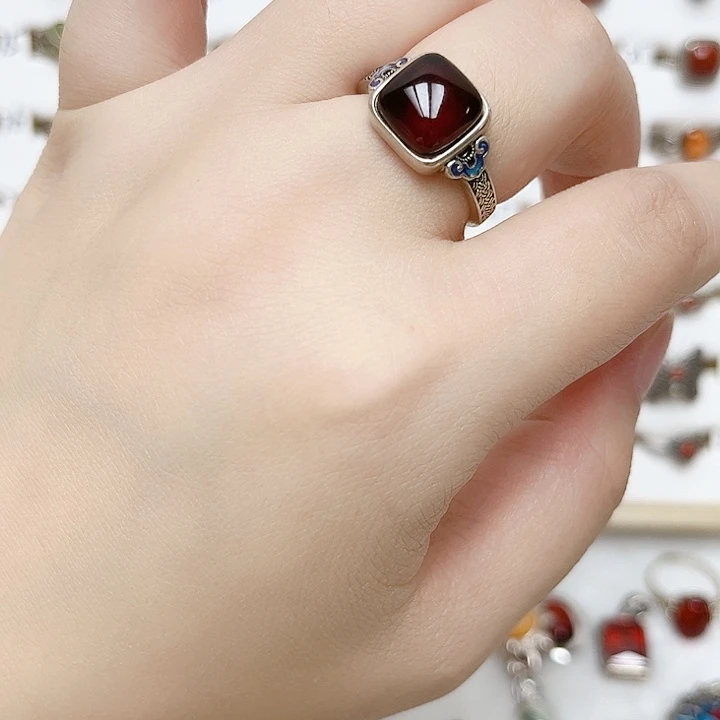 血珀银S925镶嵌戒指天然