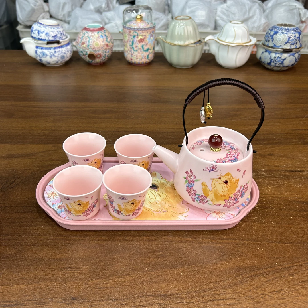 ZH3912-花丛猫咪提梁壶一壶四杯带茶盘