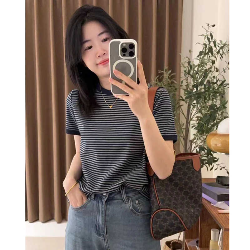 9108#蓝色条纹短袖T正肩显瘦圆领半袖上衣2025夏季新款T恤