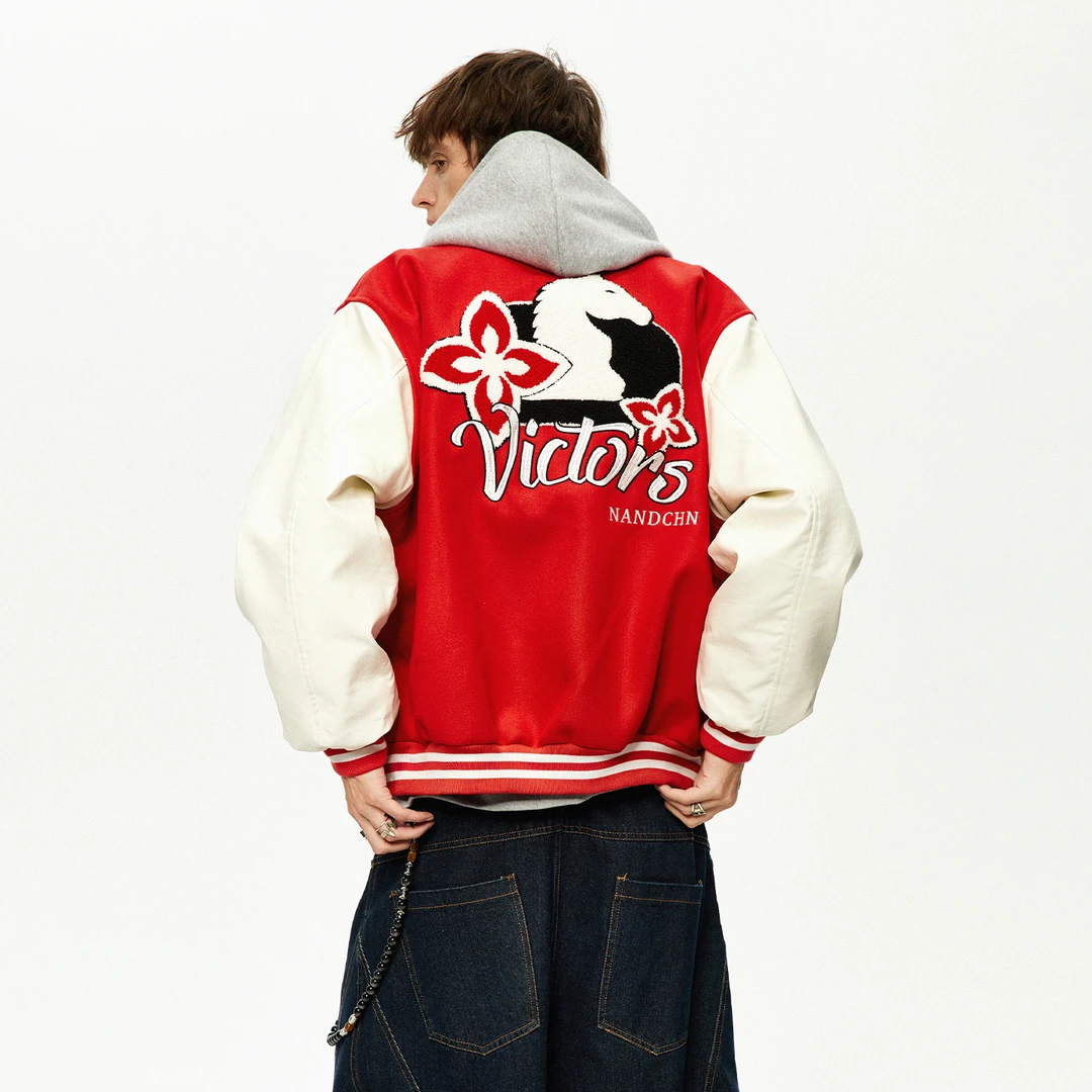 男道美式拼接撞色字母钉珠棒球服男女2025宽松百搭休闲夹克外套