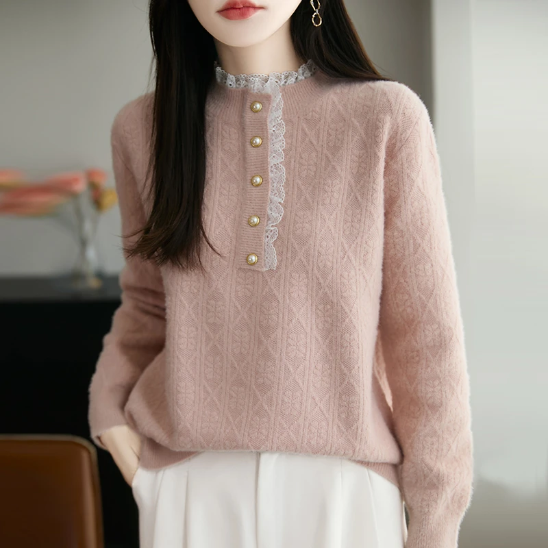 纯100羊毛衫女秋冬新款粉色半高领毛衣宽松内搭羊绒蕾丝打底衫女