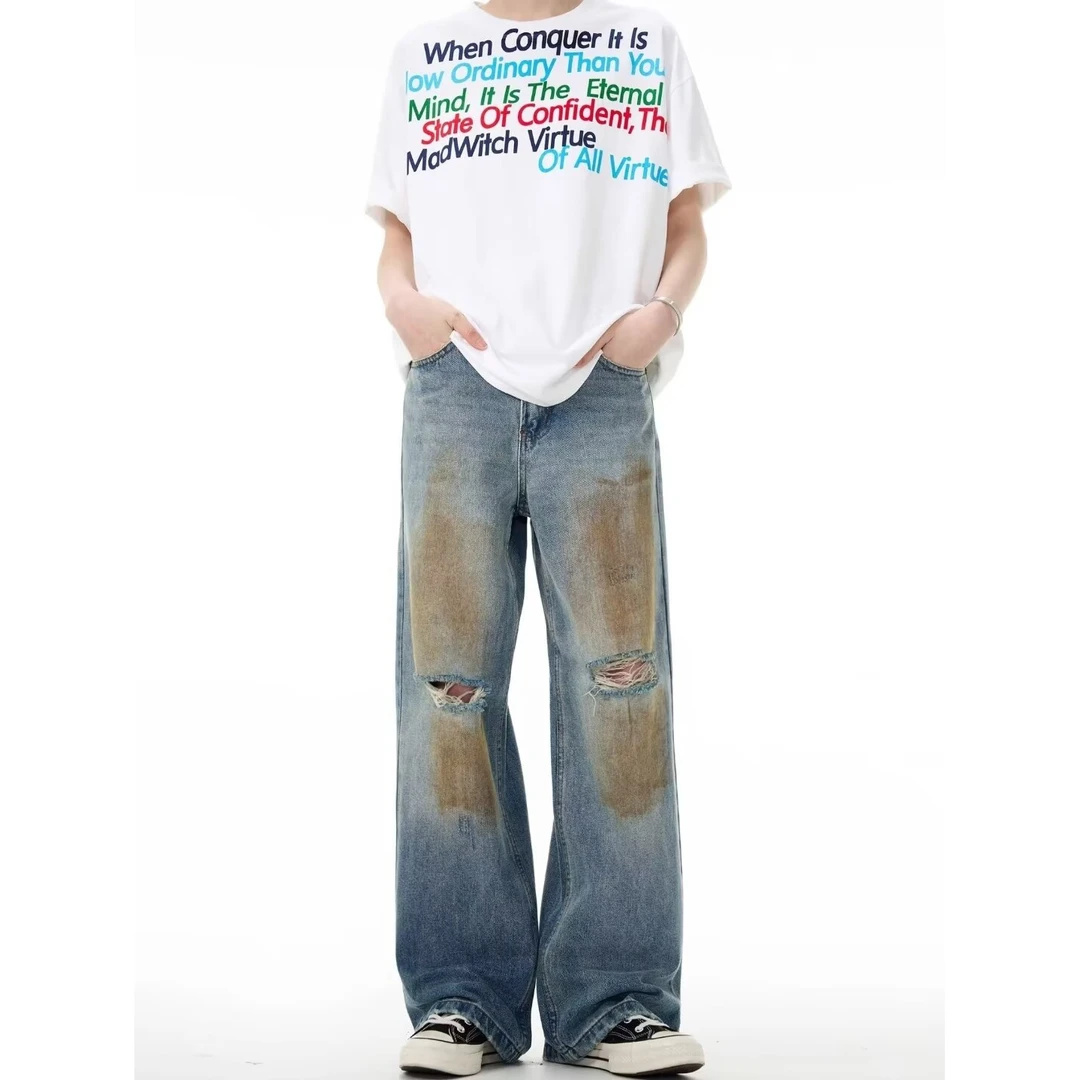 23号 水洗工艺脏脏破洞牛仔裤直筒宽松拖地裤