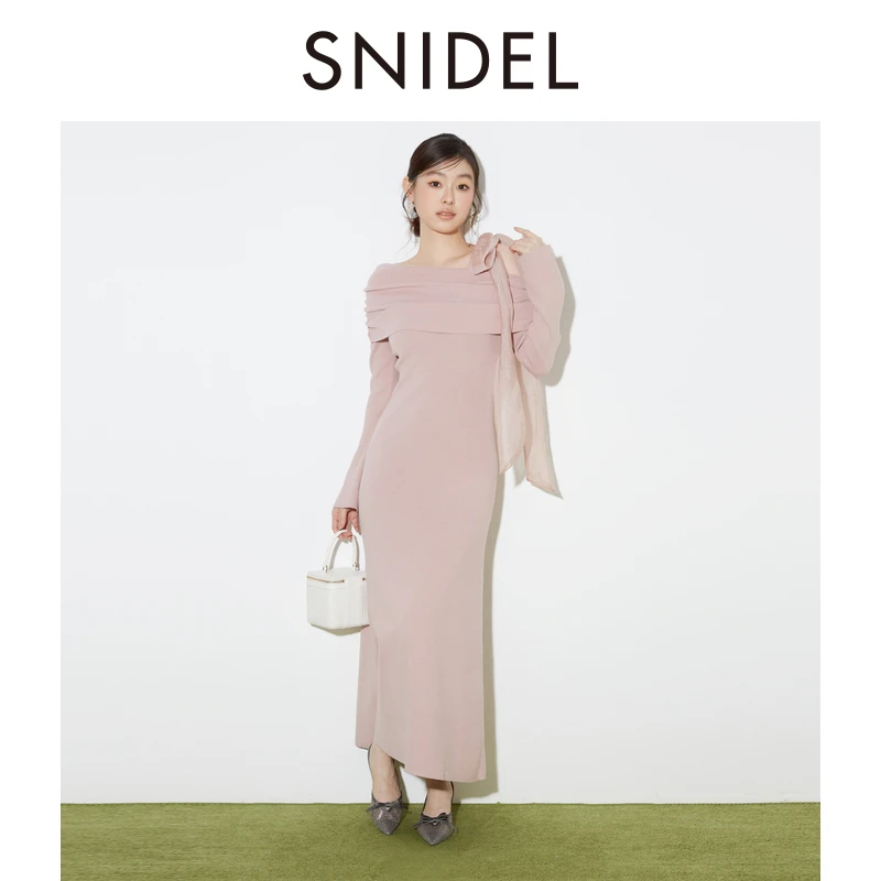 SNIDEL2025秋冬新品优雅斜肩蝴蝶结肩带长袖针织连衣裙SWNO254320