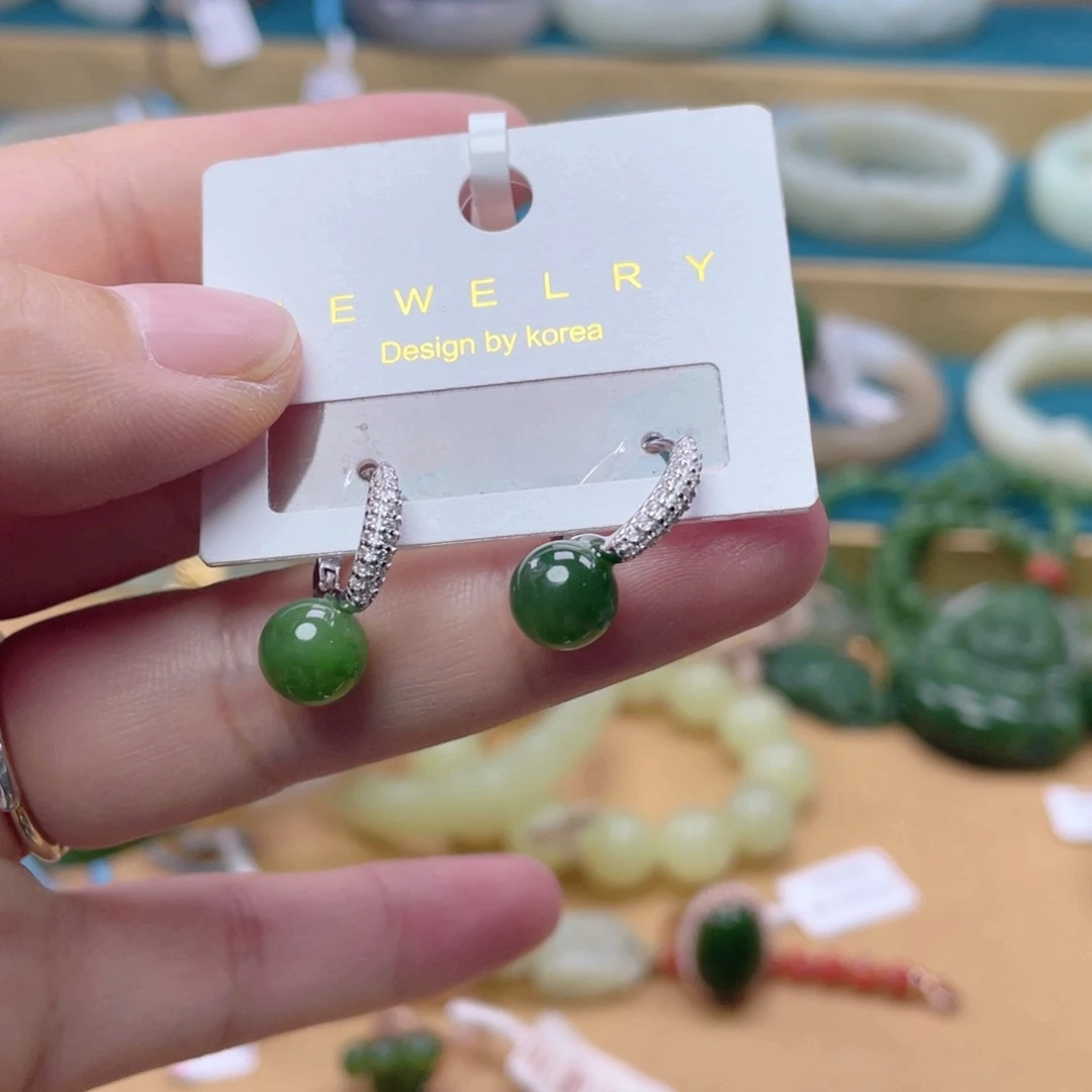 和田玉银S925镶嵌耳饰