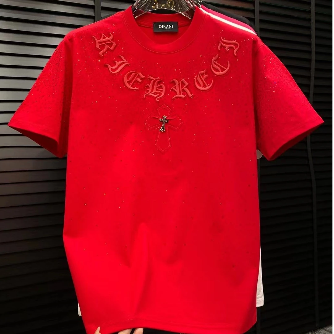 本命年秋冬新款烫钻刺绣短袖男士男款痞帅重工艺圆领半袖T恤