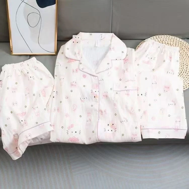 云感纱线棉夏季短袖短裤长裤甜美家居服三件套