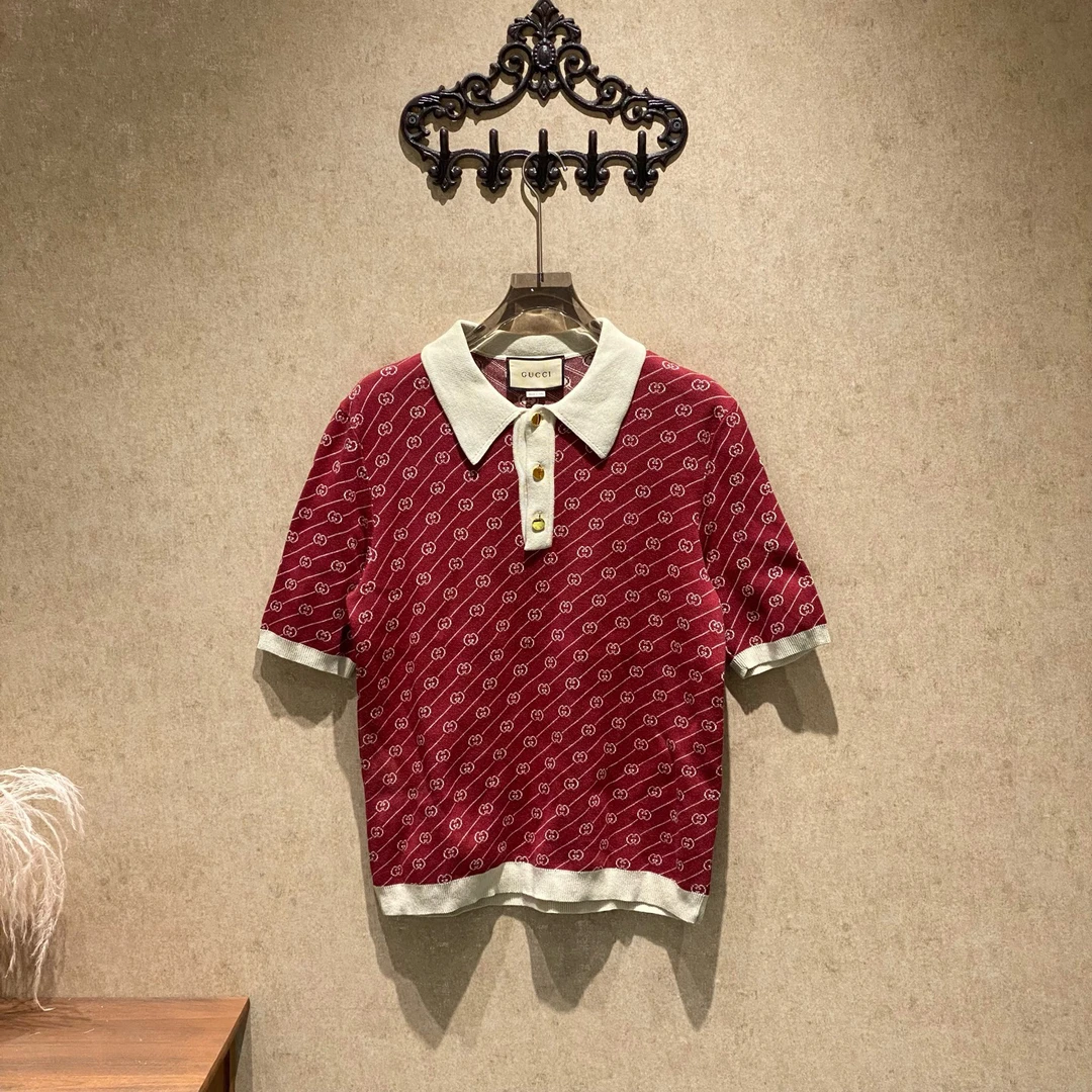 99新 GUCCI/古驰 酒红色双G条纹满印针织短袖polo衫/m码/35153