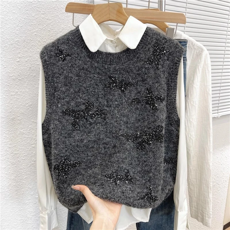 时尚亮片蝴蝶套头无袖毛衣马甲背心女士2025春装新款针织马夹