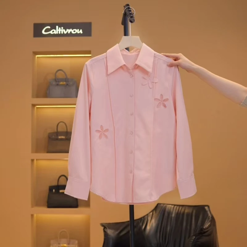 时尚立体花朵镂空百搭简约衬衫-Y14895