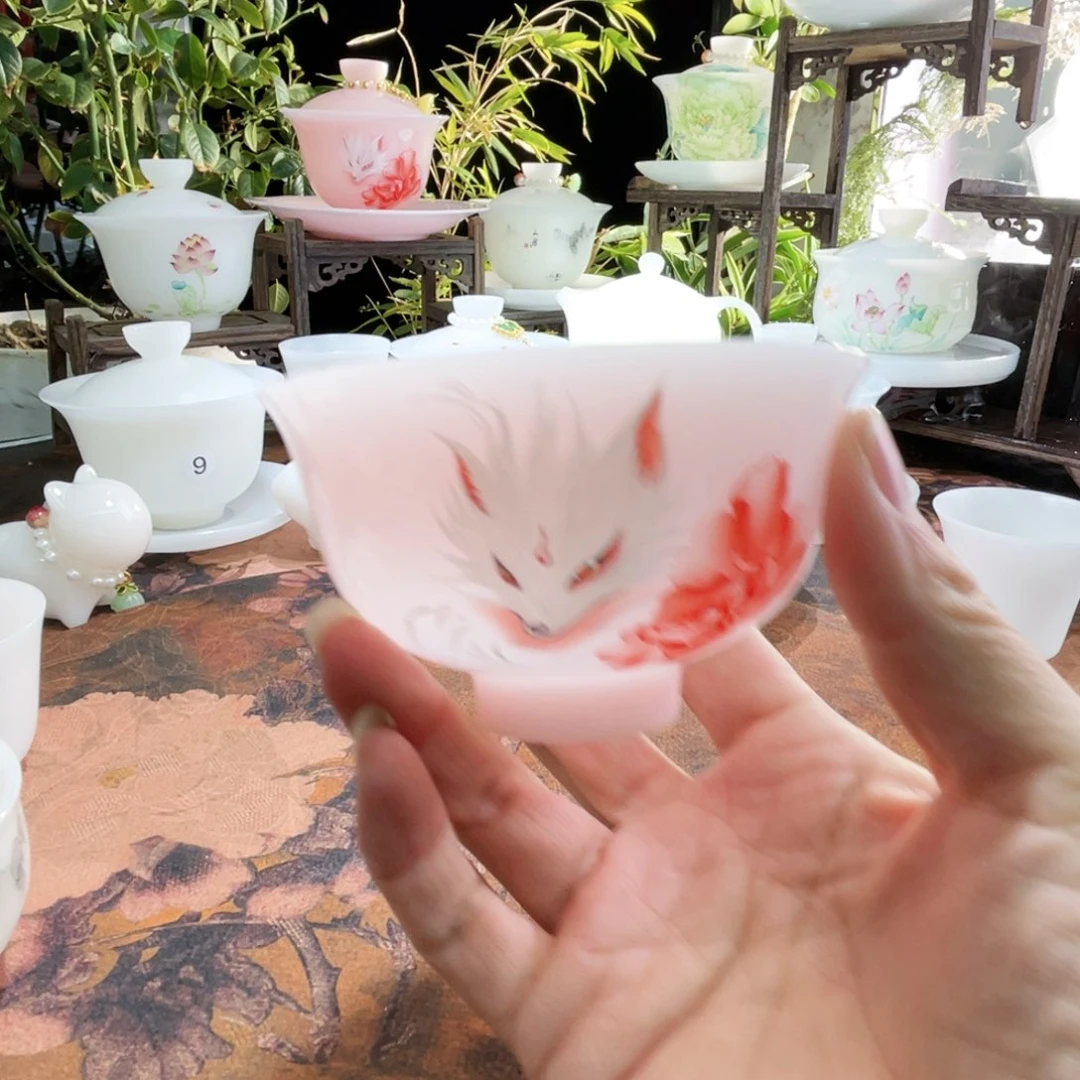 冰晶璞玉粉黛九尾狐仙花口杯