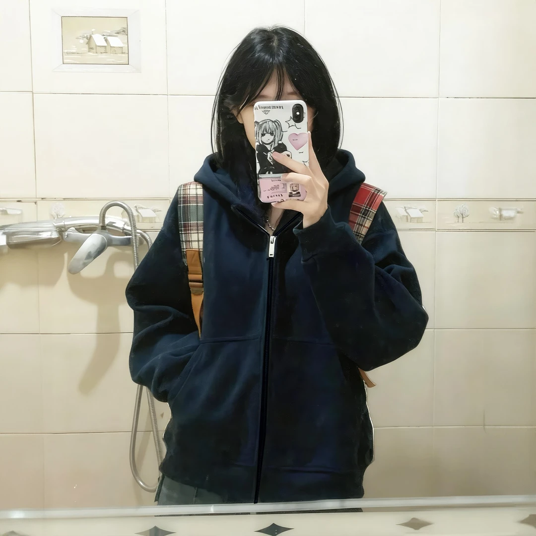 卫衣拉链外套女藏蓝色连帽开衫2025新款早秋穿搭韩系宽松加绒上衣