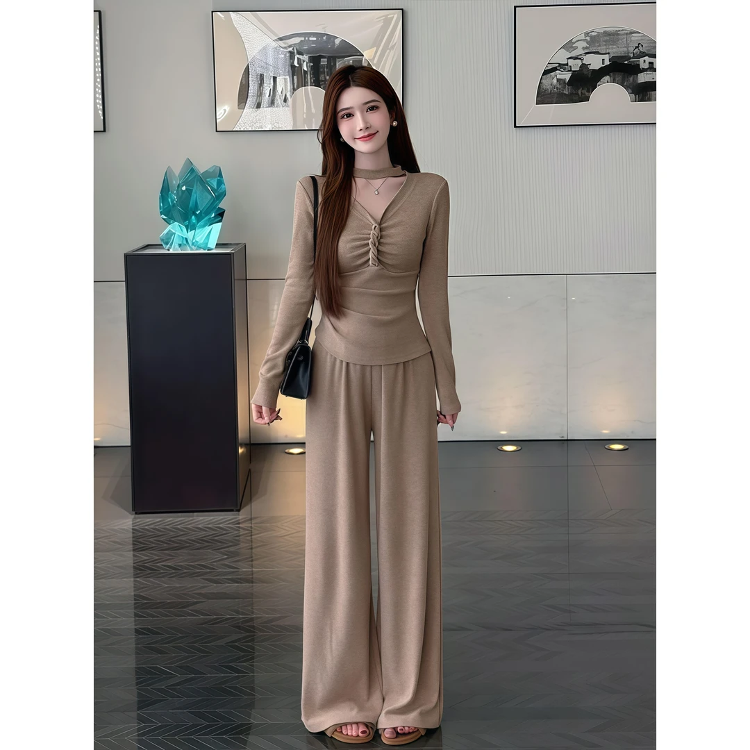 甜美温柔风纯色V领绑带针织衫T恤女秋季新款显瘦时尚阔腿裤两件套