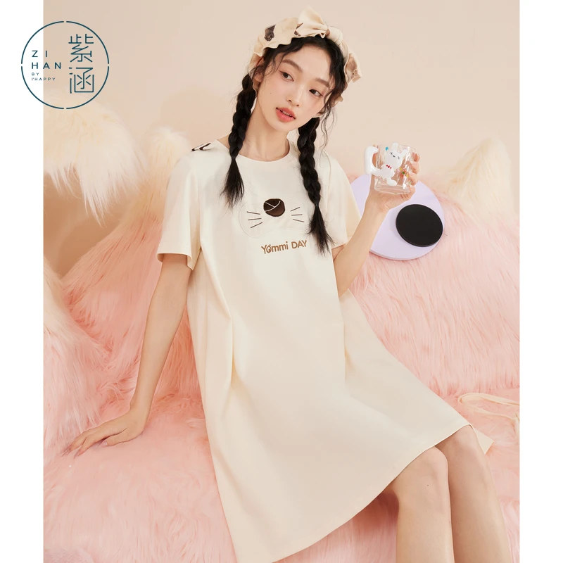 紫涵柔软棉感睡裙夏季新款趣味猫咪家居服裙子舒适透气Z4Z04FS810