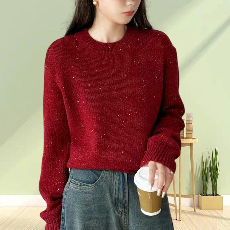 爆款网红过年洋气红毛衣女宽松百搭针织衫亮片遮屁股秋冬洋气毛衣