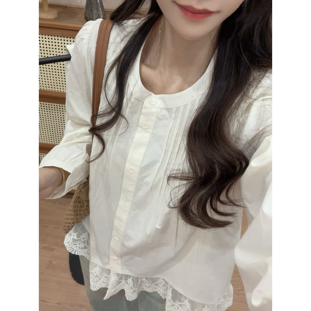 【五分糖】法式衬衫女甜美设计感叠穿花边衬衣女