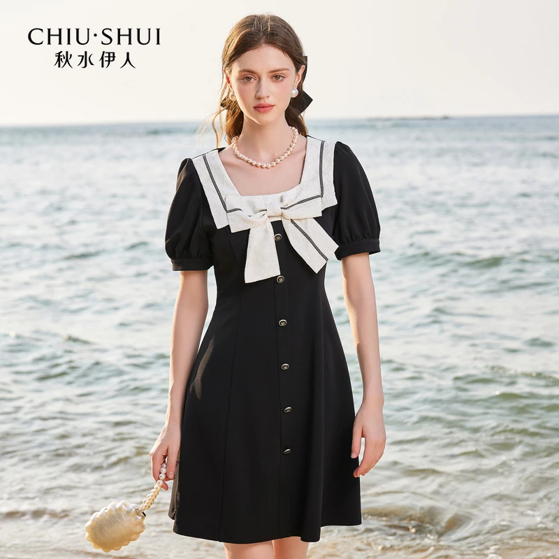 秋水伊人赫本风A字收腰简约连衣裙夏新款女蝴蝶结百搭裙子
