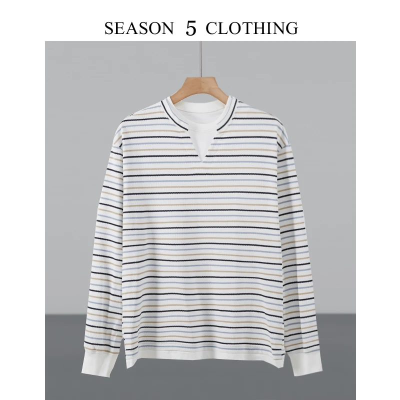 圆领宽松长袖T恤男2025秋季新款条纹休闲打底衫V领假两件宽松上衣