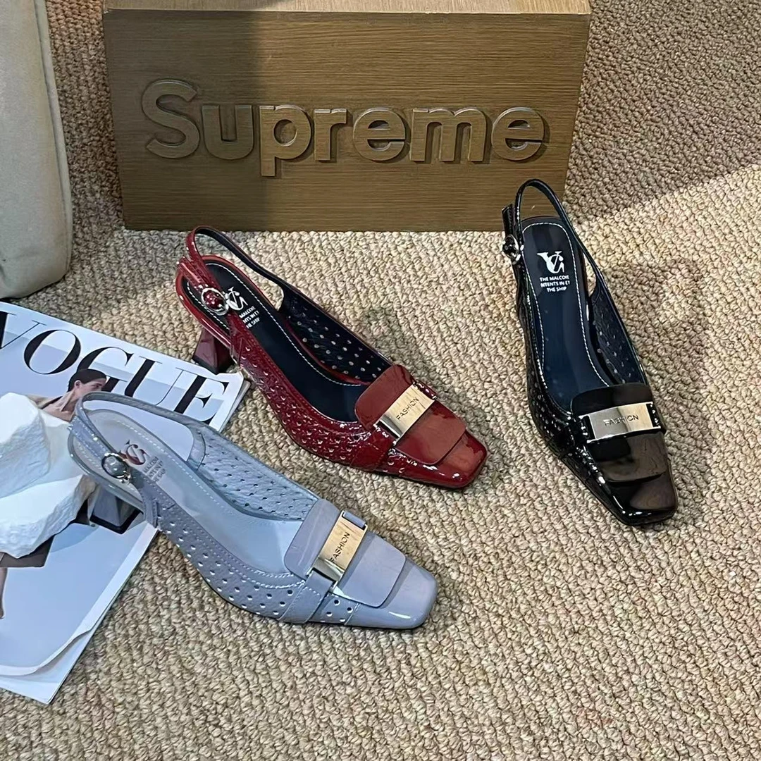 1265【忆唯】春夏季新款方头真皮气质浅口高跟凉鞋B【6CM】