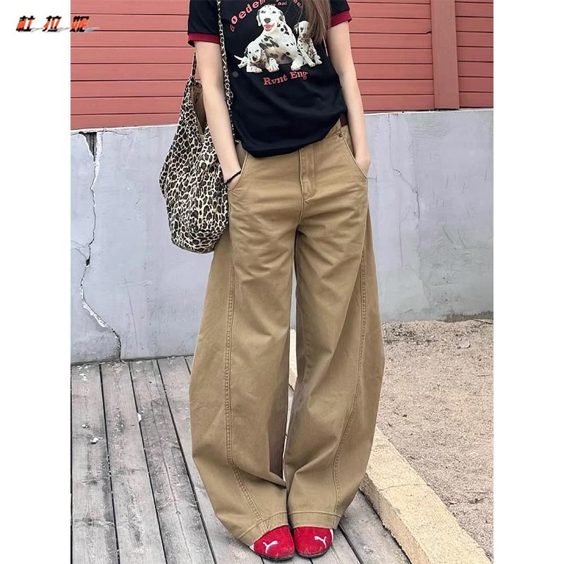 杜拉妮卡其色弯刀阔腿牛仔裤女夏季新款高腰宽松百搭直筒工装长裤