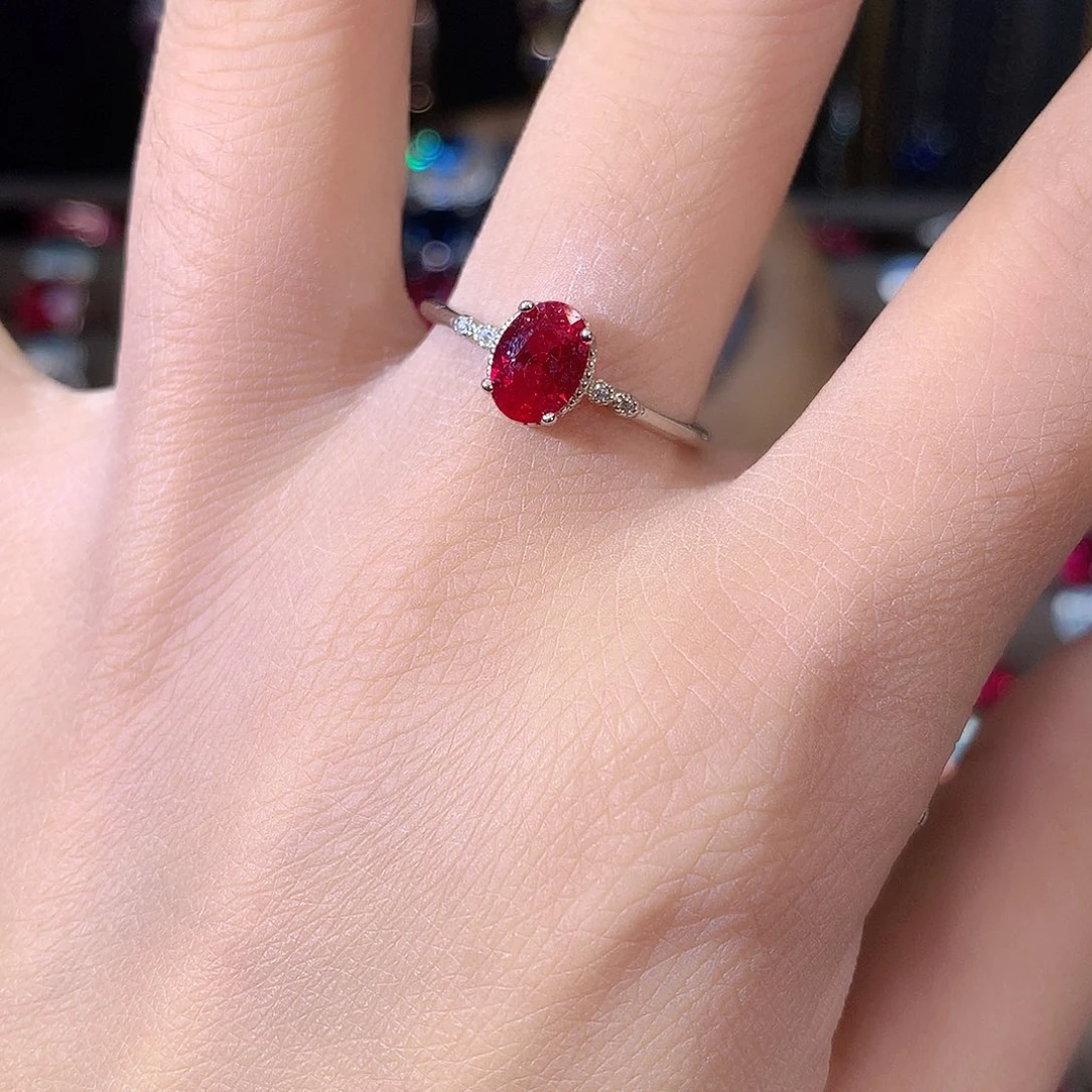 银S925镶嵌戒指红宝石白酒红57