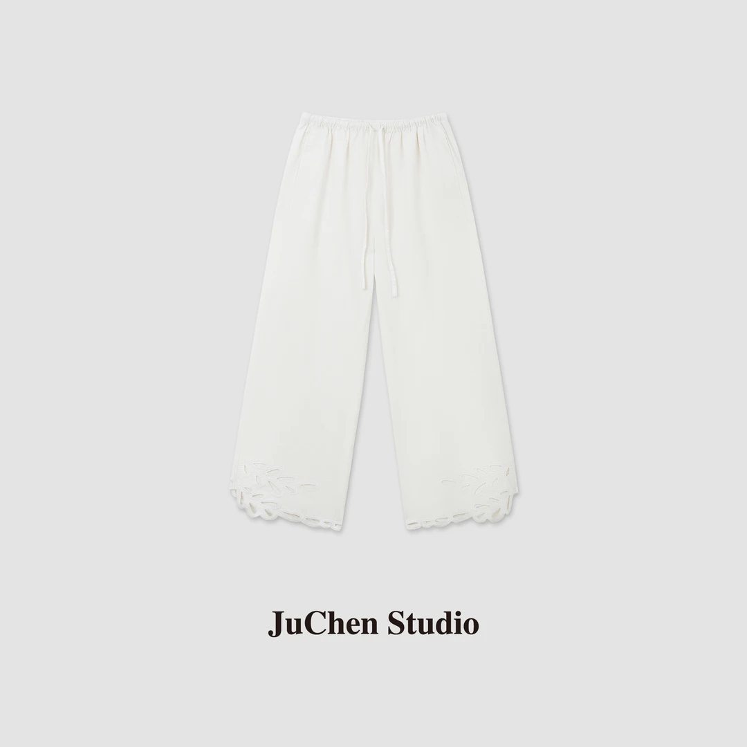 法式镂空刺绣苎麻花边裤抽绳小直筒休闲九分裤SS044148“琼枝玉叶”