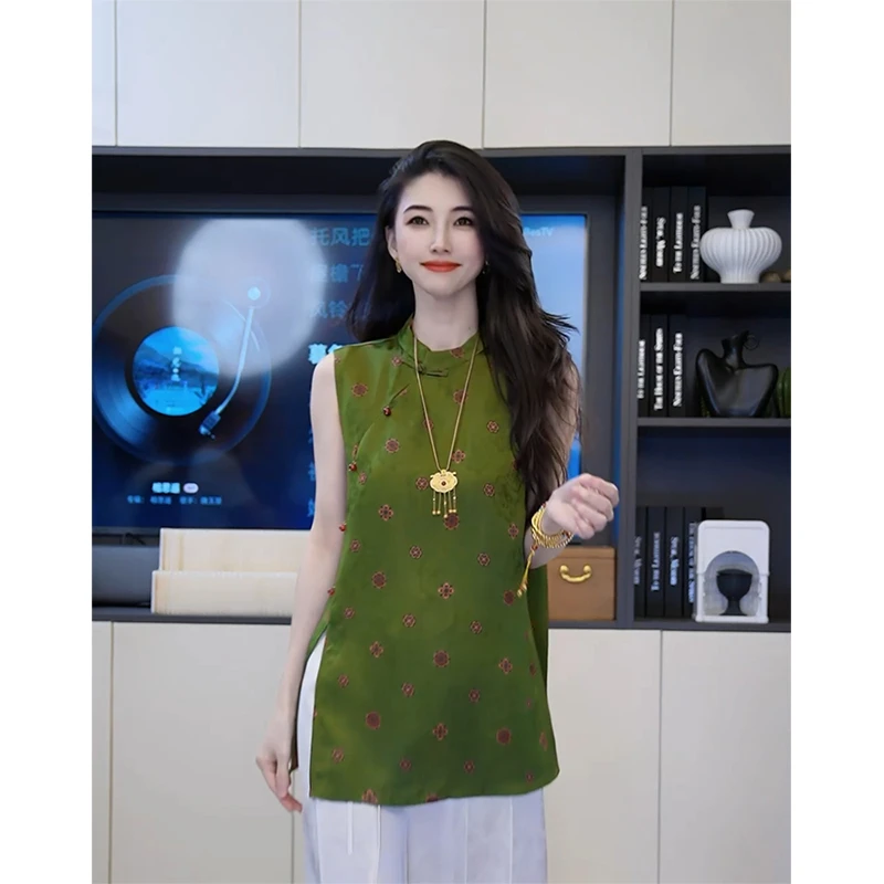 小乖逃25新中式国风绿色衬衫梅花上衣绿色马甲J0003