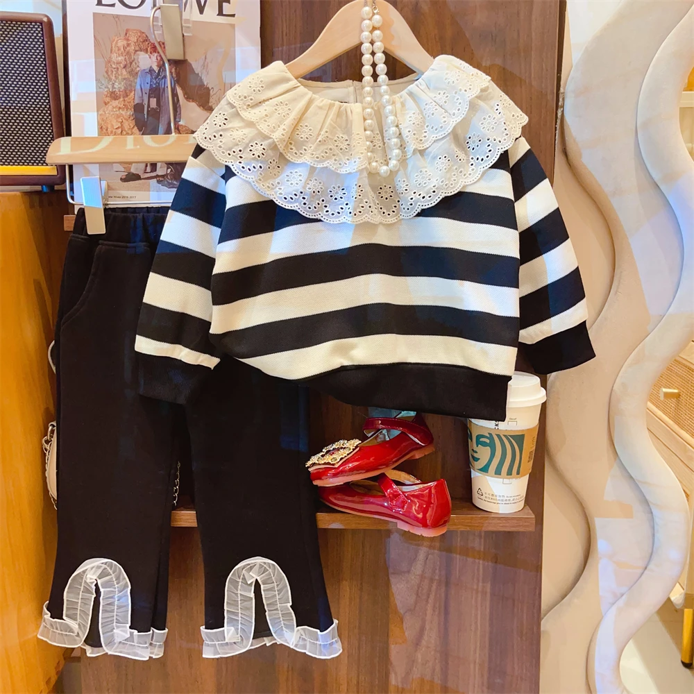 HHkid2024女童卫衣春秋新款条纹花边领卫衣个性休闲裤套装BTZ101