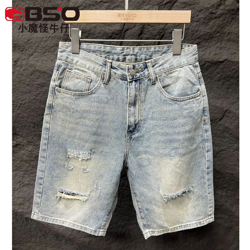 小魔怪2025夏季薄款破洞牛仔短裤男款五分裤潮牌宽松美式中裤子男