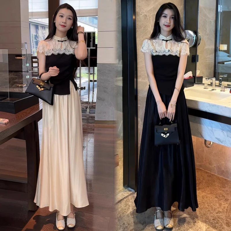 时尚套装裙女2025夏季新款洋气蕾丝拼接国风短袖上衣半身裙两件套