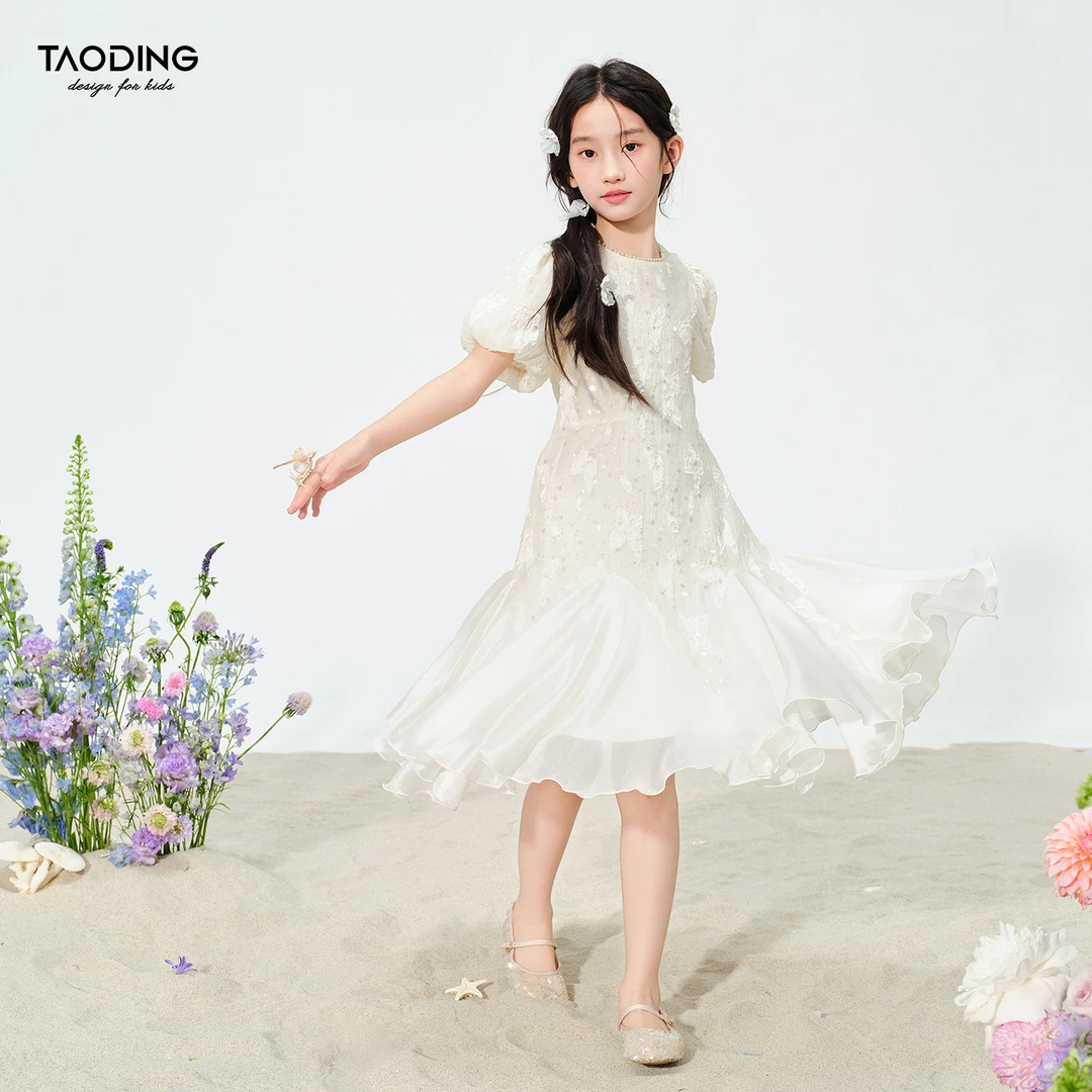 夏季新款女童洋气白色连衣裙中大童提花蝴蝶亮片亲子千金公主裙