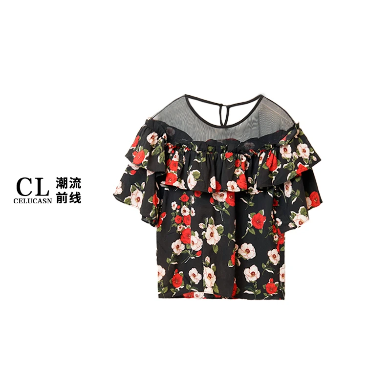 B8IB3A46#女装夏季彩色拼接短袖套头百搭雪纺衫上衣