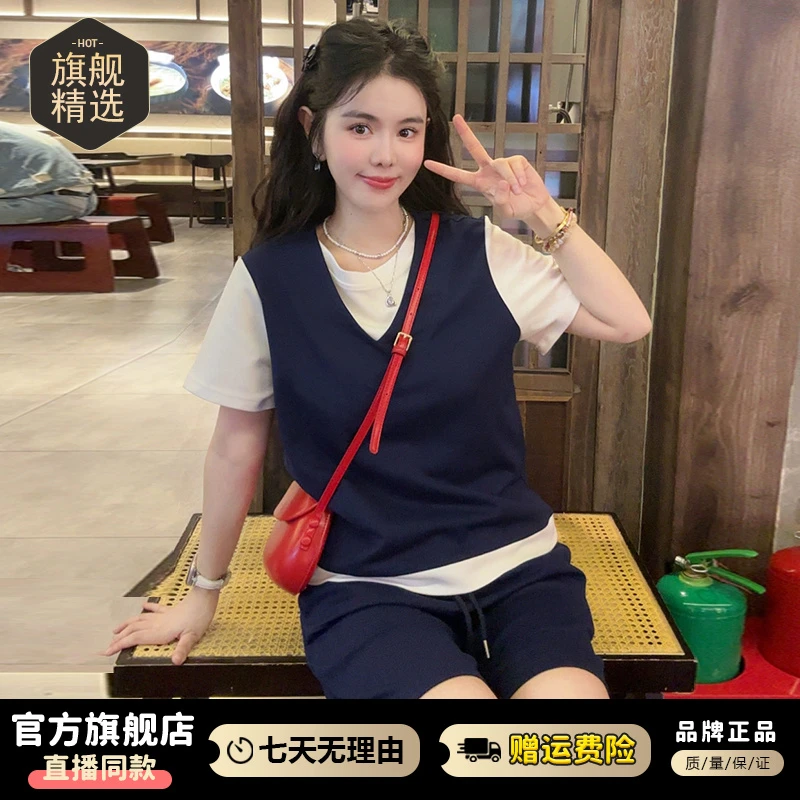 小个子休闲运动服套装女2025年夏季新款假两件短袖上衣短裤两件套